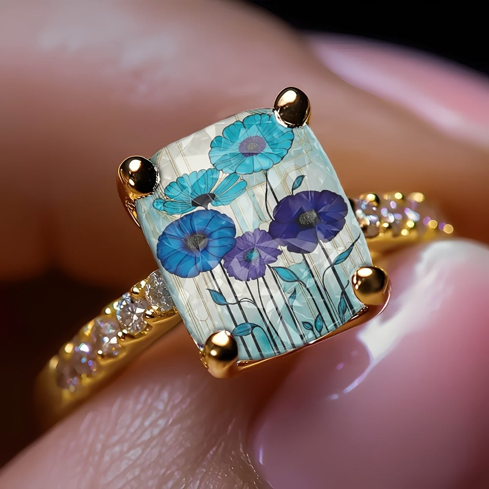 Blue Poppy Glass Square Ring