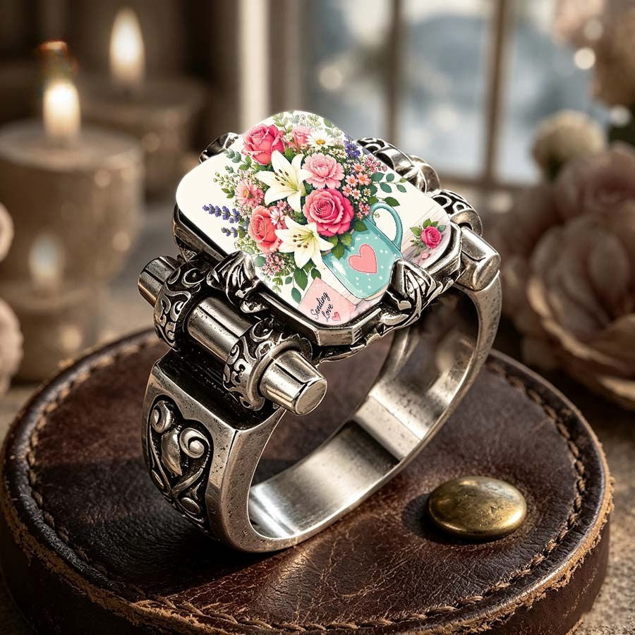 Floral Teacup & Heart Statement Ring