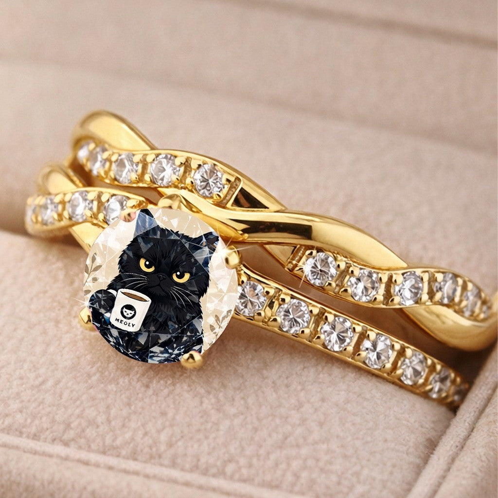 Black Cat Coffee Cup Crystal Ring
