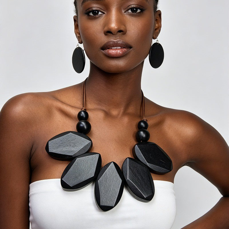Wood Bead & Geometric Statement Set