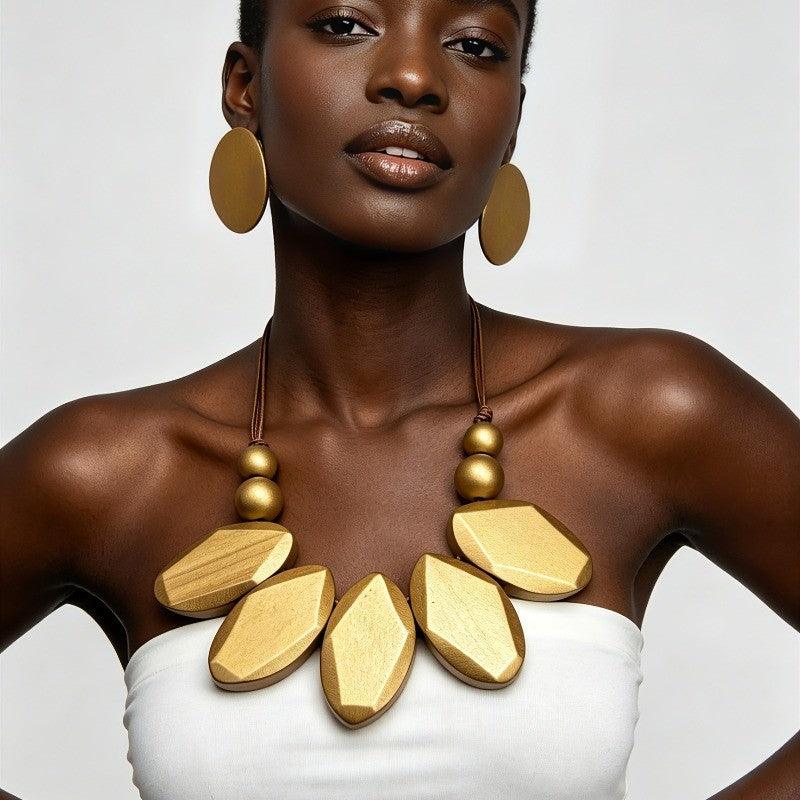 Wood Bead & Geometric Statement Set