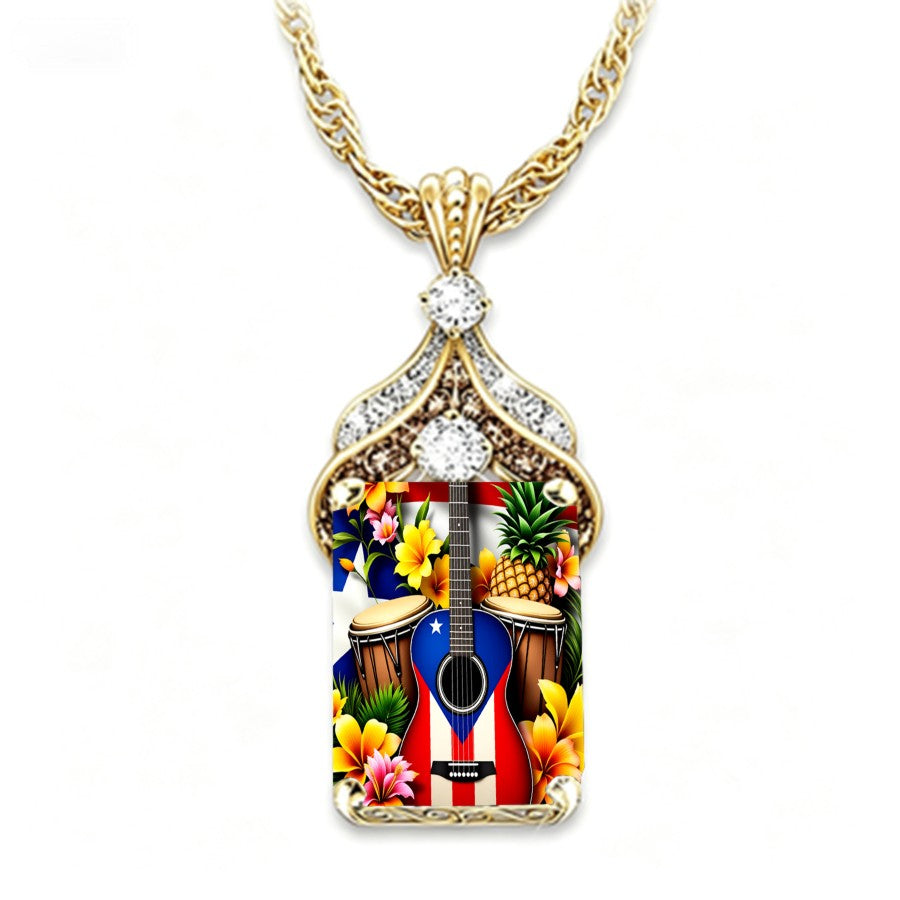 Tropical Guitar & Flag Pendant Necklace