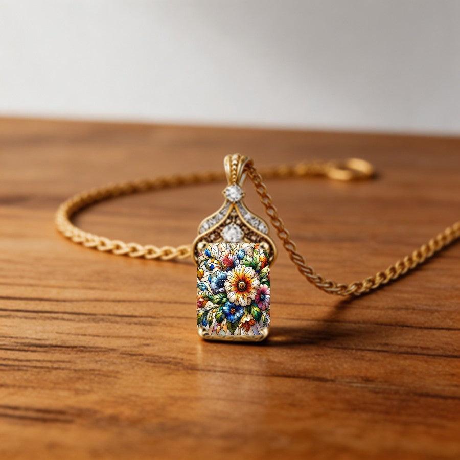 Colorful Floral Rectangle Pendant Necklace