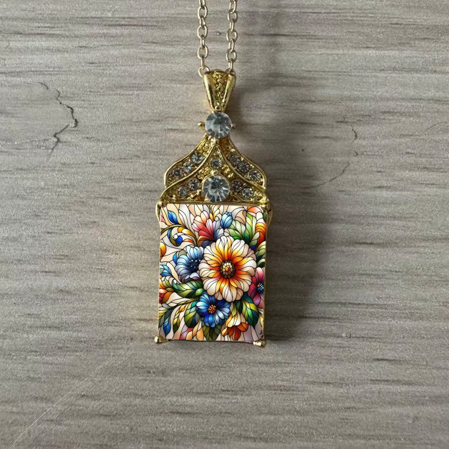 Colorful Floral Rectangle Pendant Necklace
