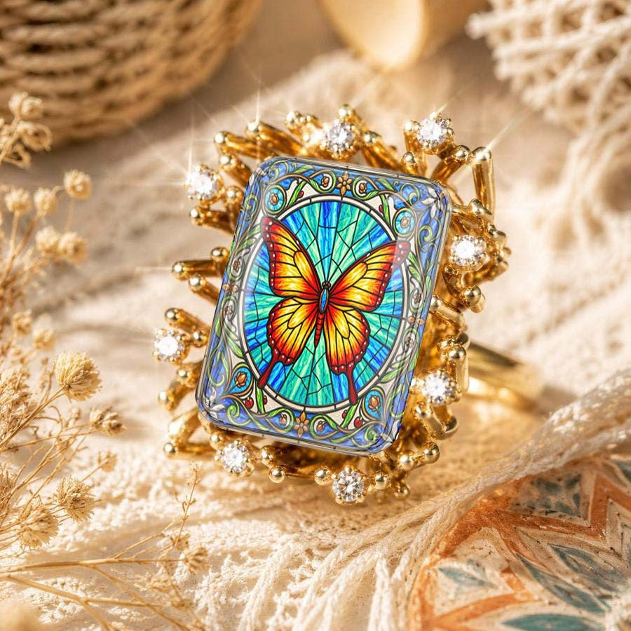 Stained Glass Butterfly Sunburst Ring