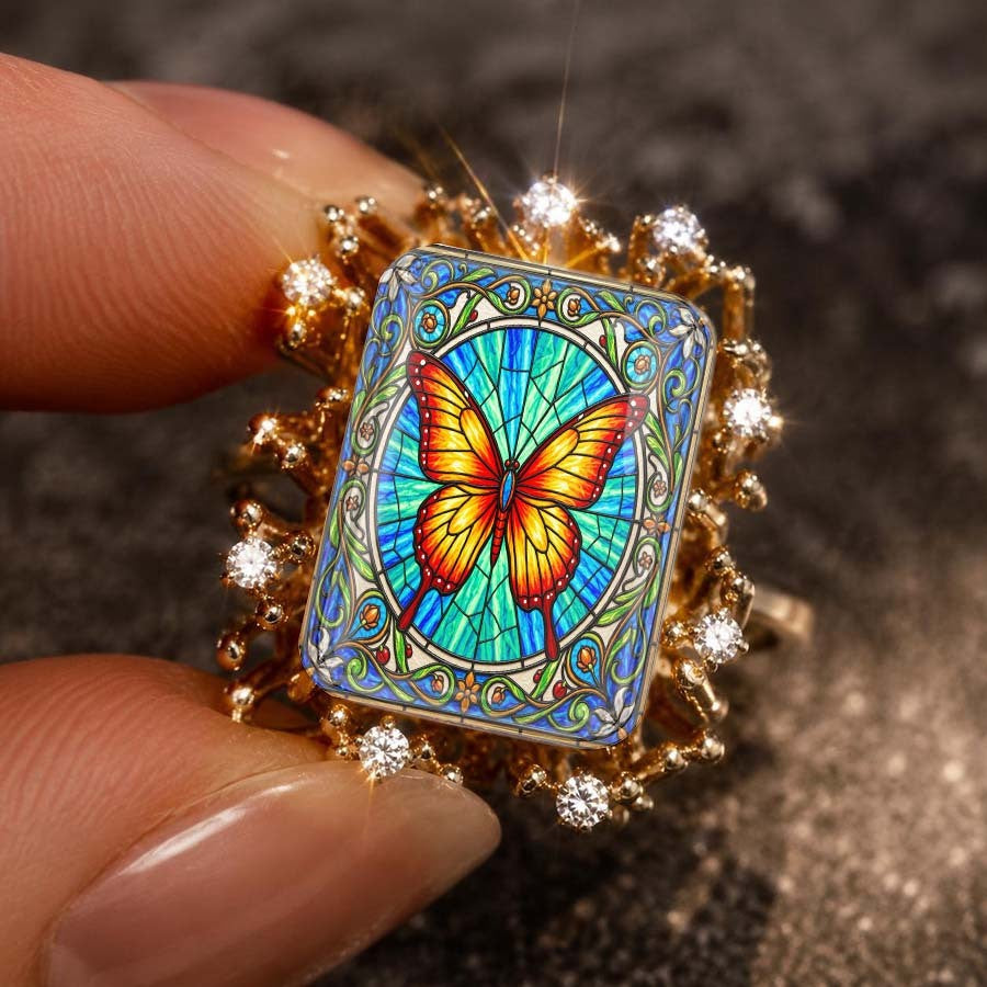 Stained Glass Butterfly Sunburst Ring