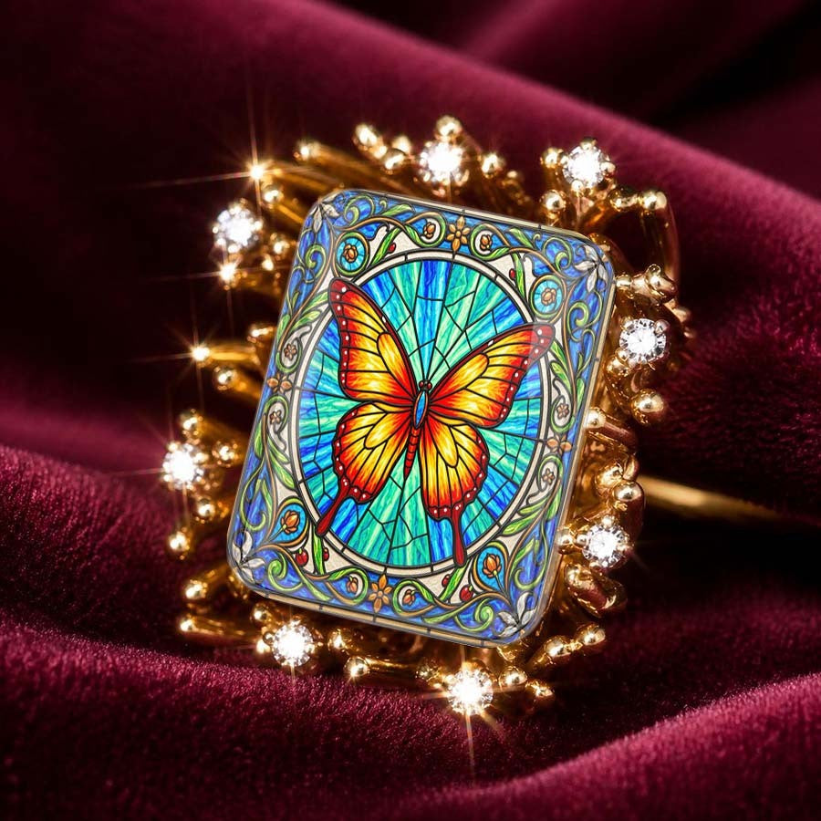 Stained Glass Butterfly Sunburst Ring