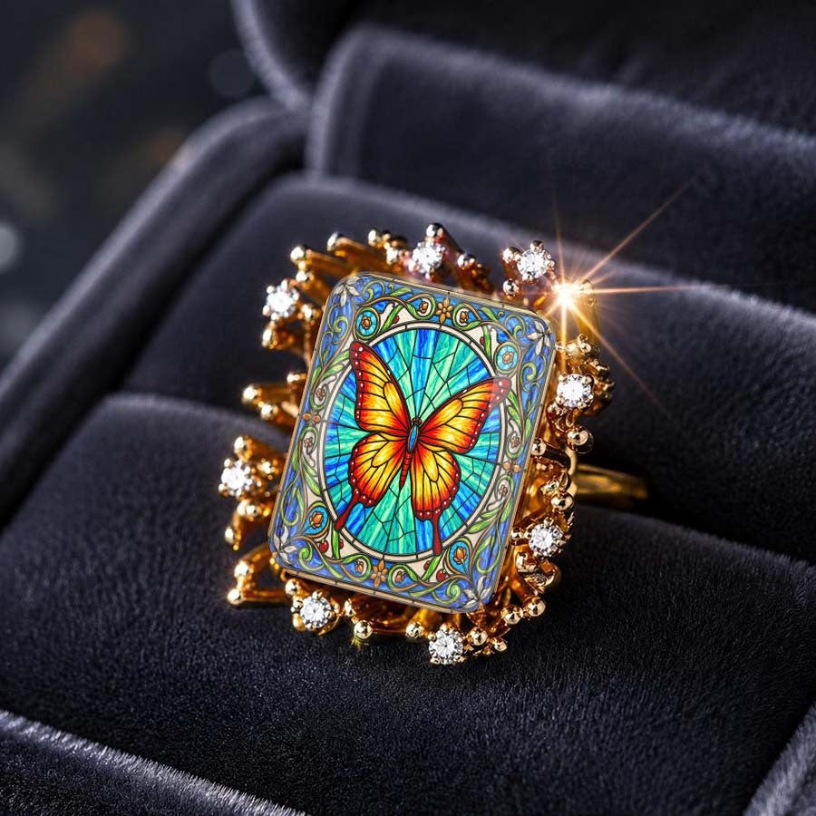 Stained Glass Butterfly Sunburst Ring