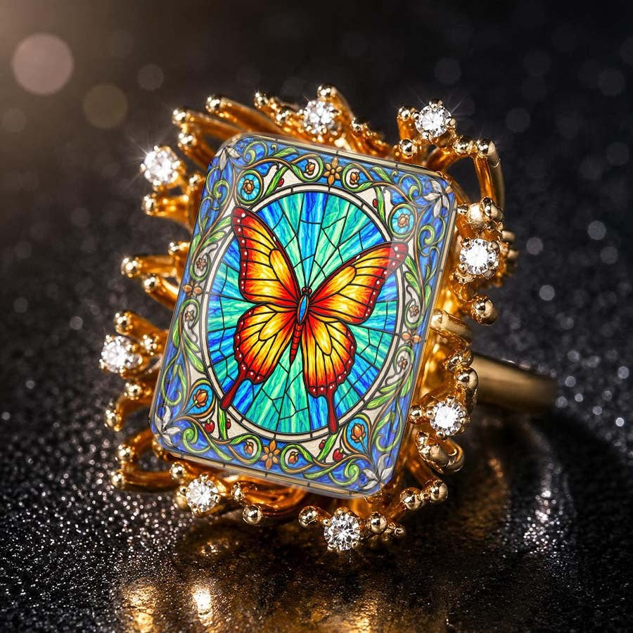 Stained Glass Butterfly Sunburst Ring