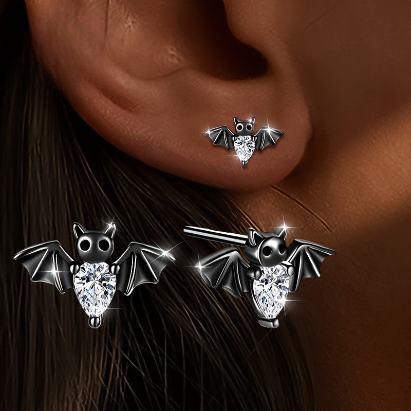 Silver Crystal Bat Stud Earrings