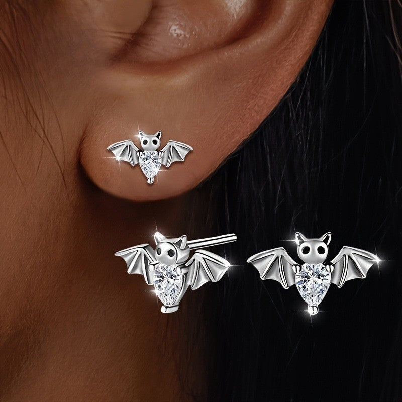 Silver Crystal Bat Stud Earrings