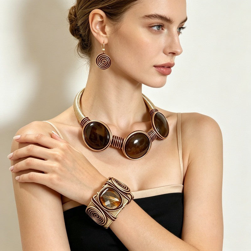 Amber Spiral Wire Wrap Jewelry Set
