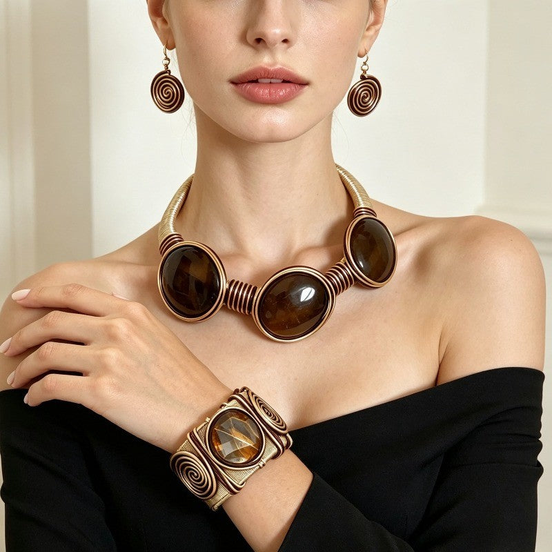 Amber Spiral Wire Wrap Jewelry Set