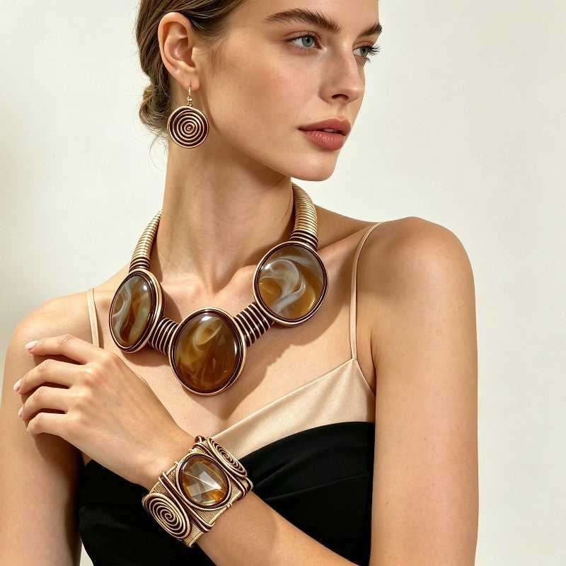Amber Spiral Wire Wrap Jewelry Set