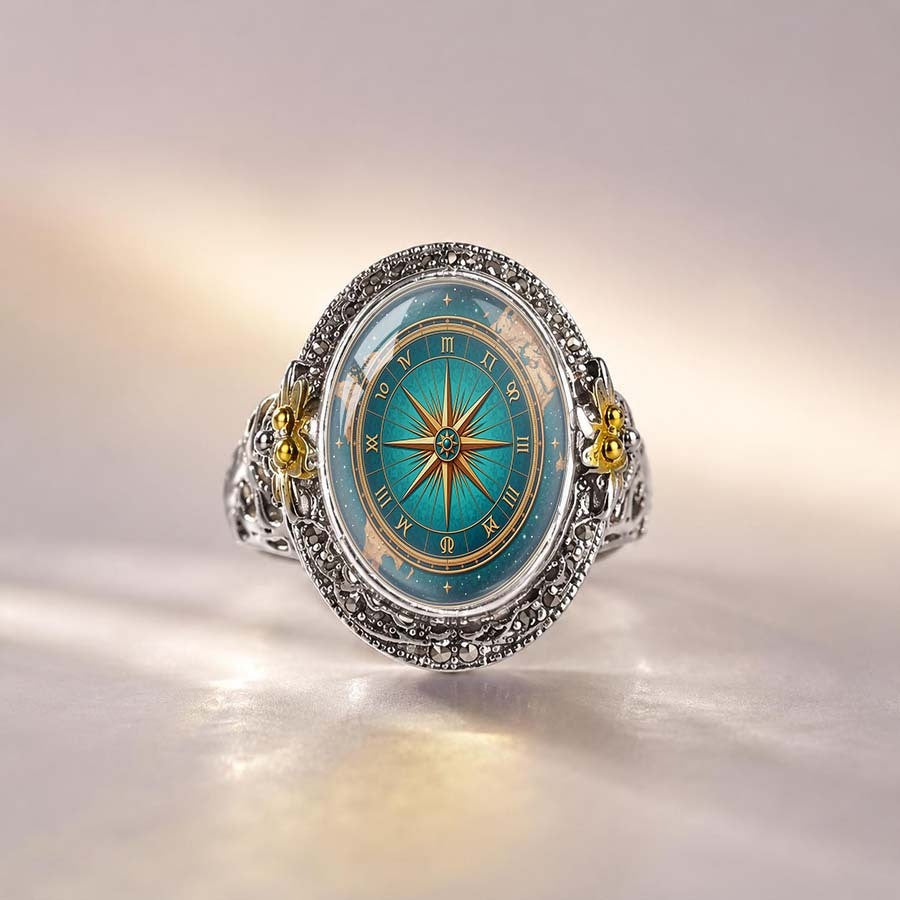 Teal Compass & Floral Statement Ring