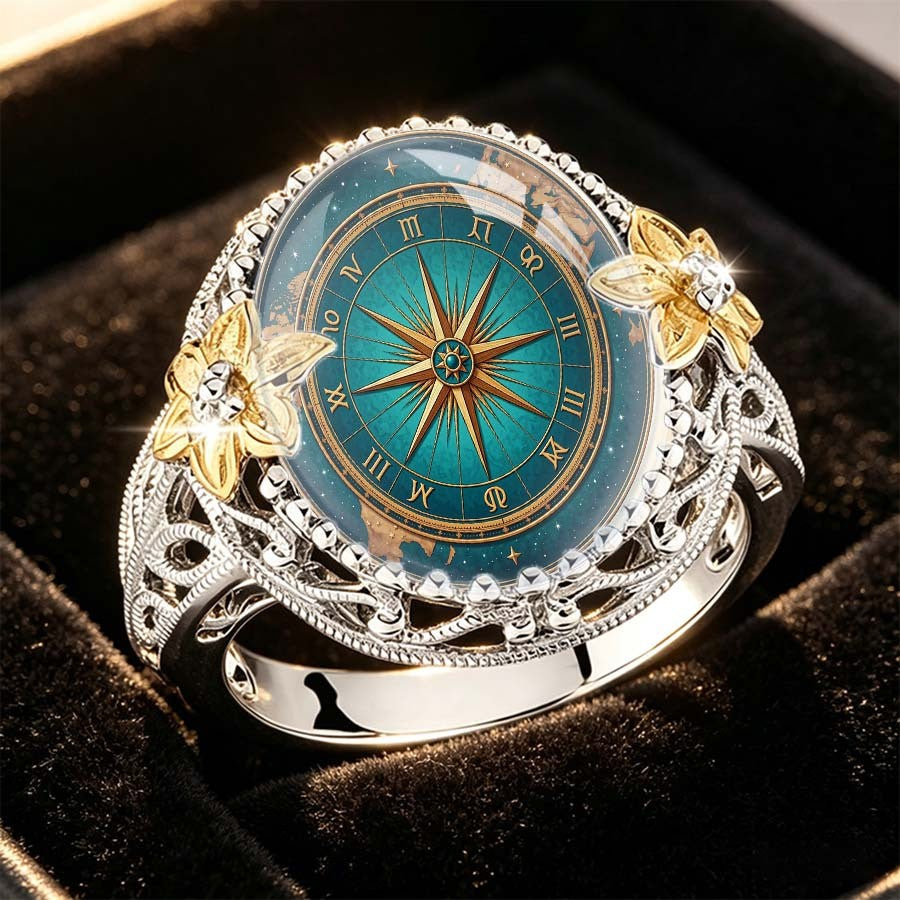 Teal Compass & Floral Statement Ring