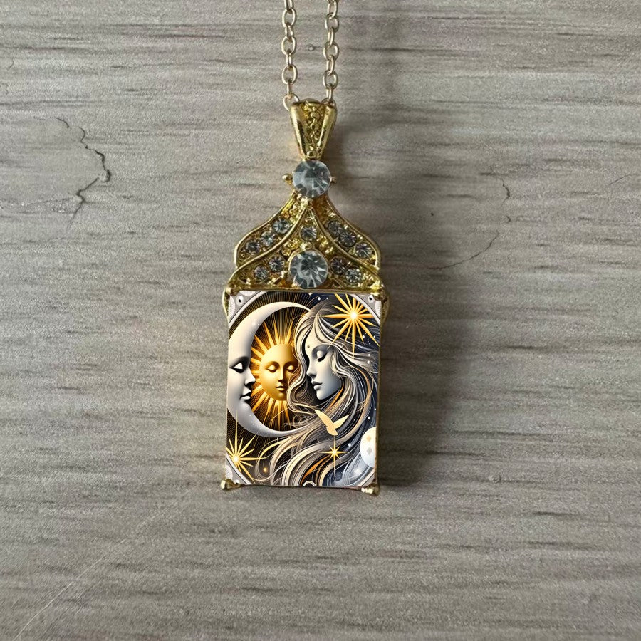 Celestial Sun & Moon Rectangle Pendant Necklace