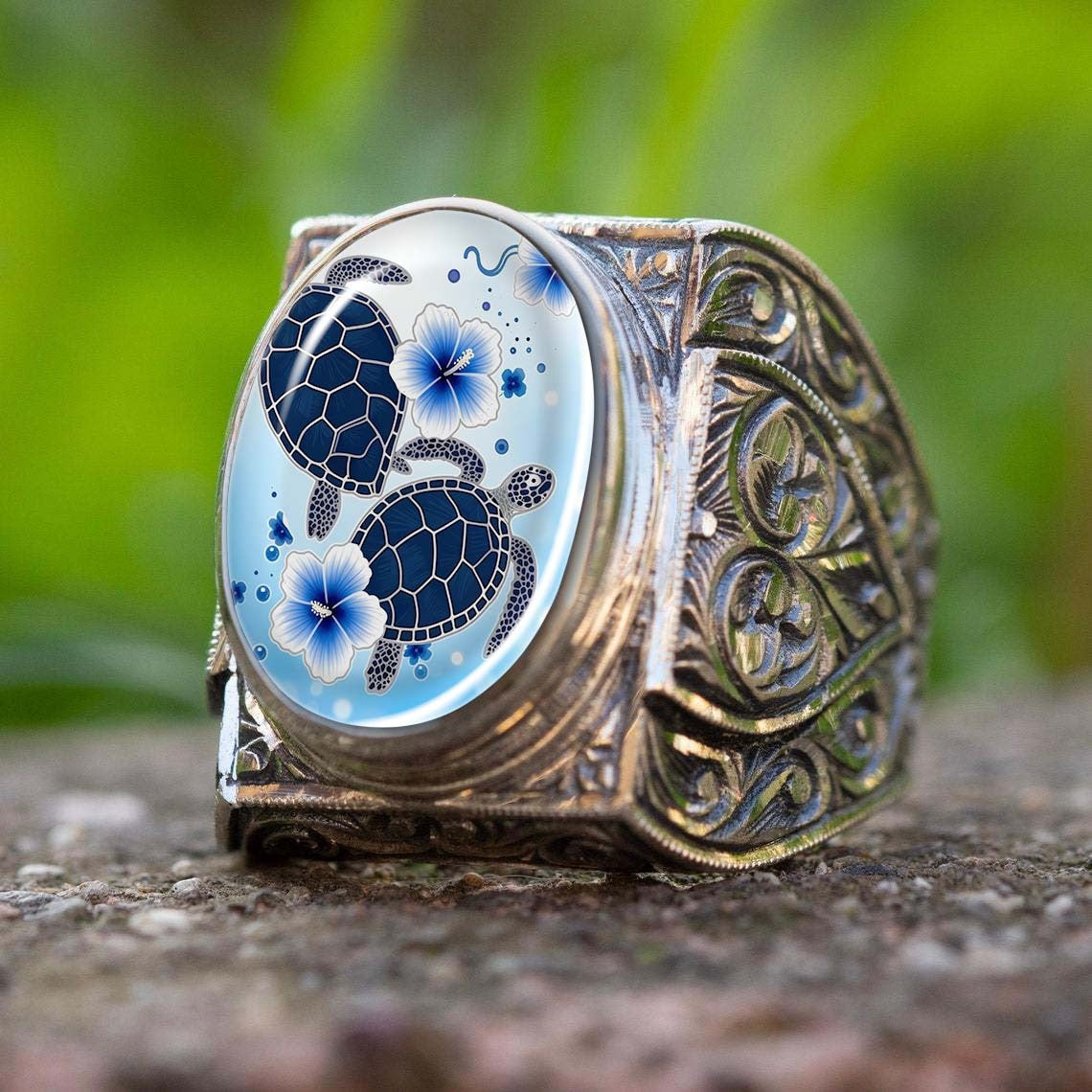 Sea Turtle & Hibiscus Oval Ring