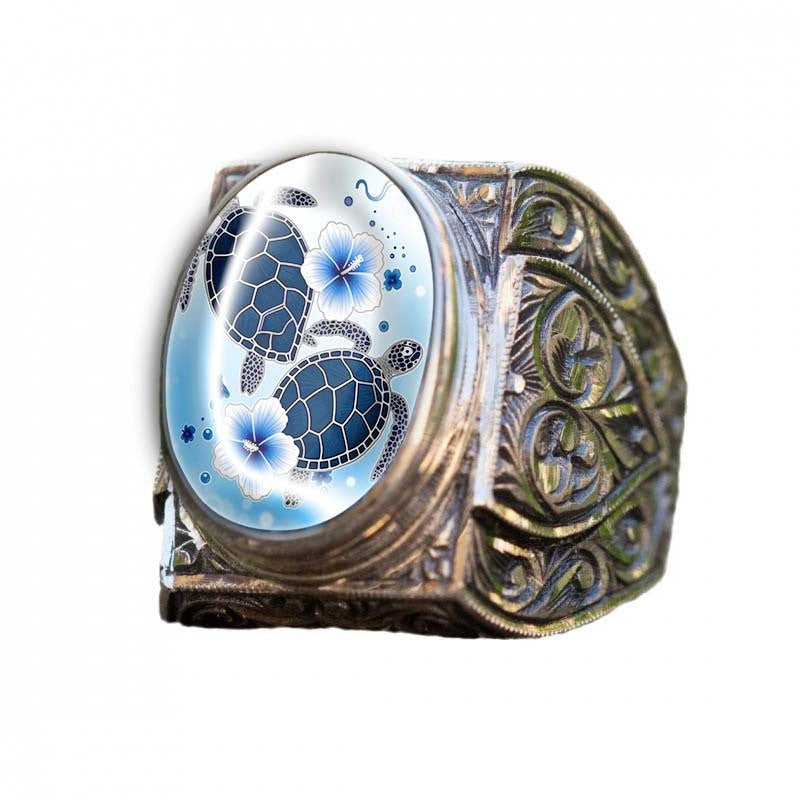 Sea Turtle & Hibiscus Oval Ring