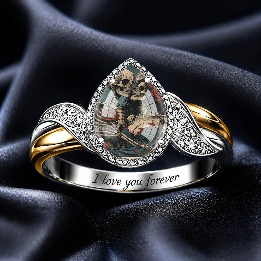 Engraved Skeleton Couple Bypass Ring