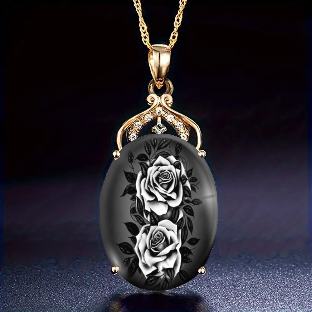 White Rose Oval Pendant Necklace