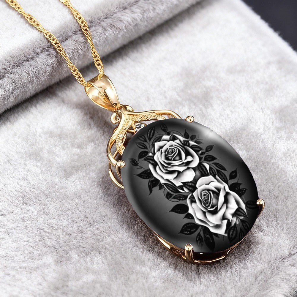 White Rose Oval Pendant Necklace