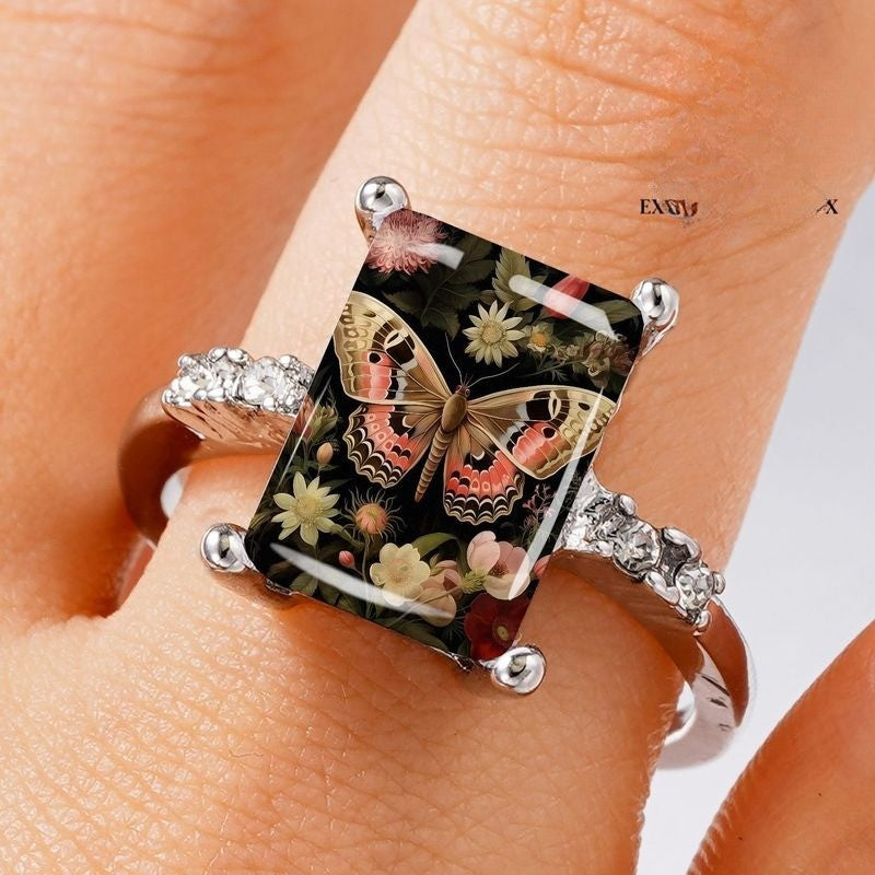 Rectangular Butterfly & Floral Ring