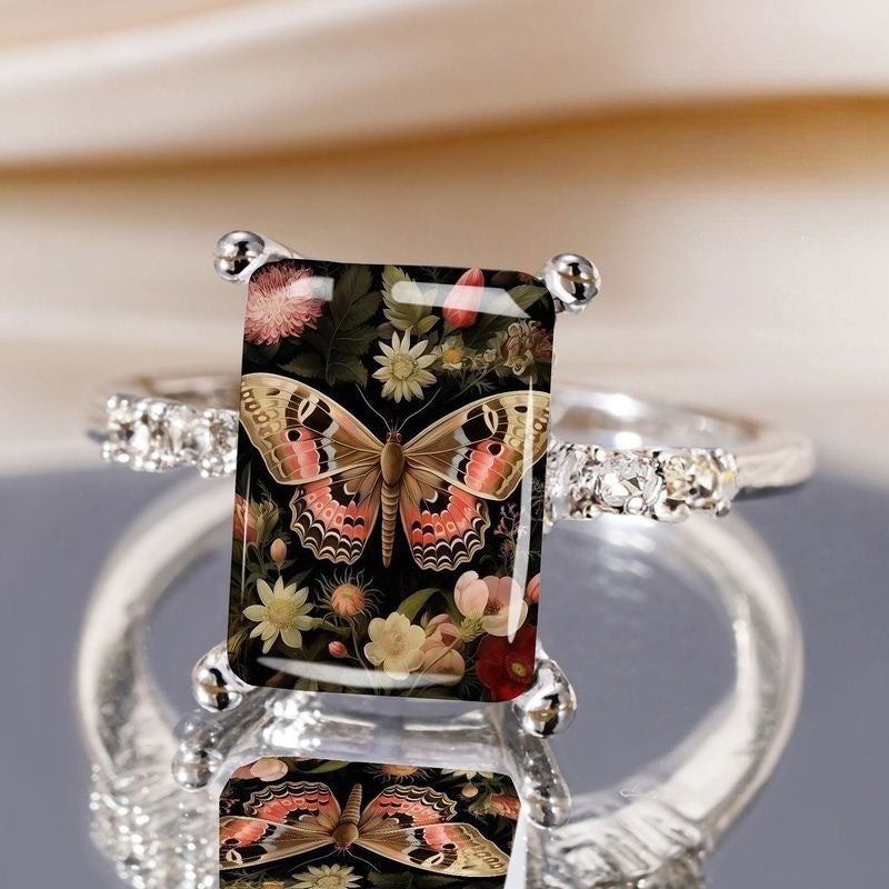 Rectangular Butterfly & Floral Ring