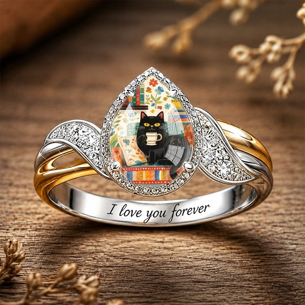 Black Cat Coffee Teardrop Ring