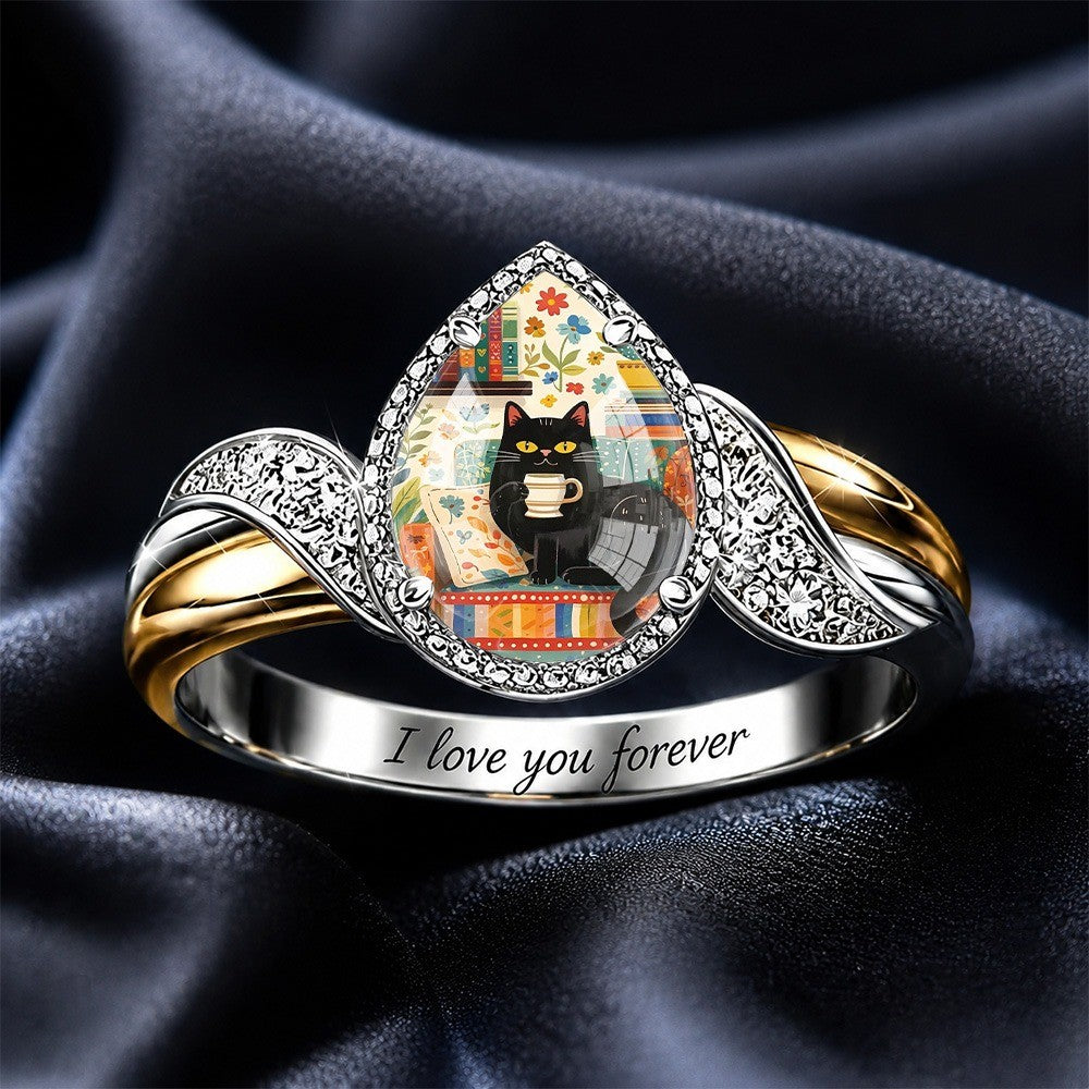 Black Cat Coffee Teardrop Ring