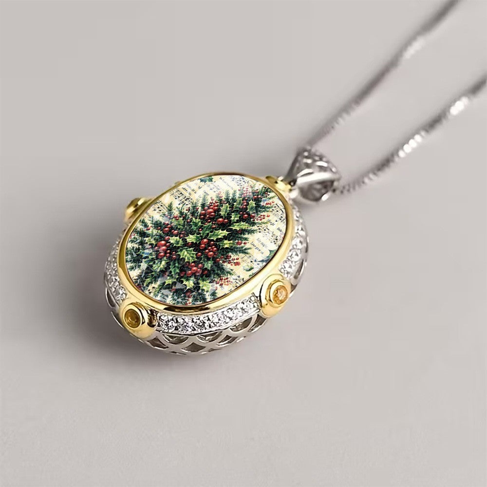 Holly & Berries Oval Pendant Necklace