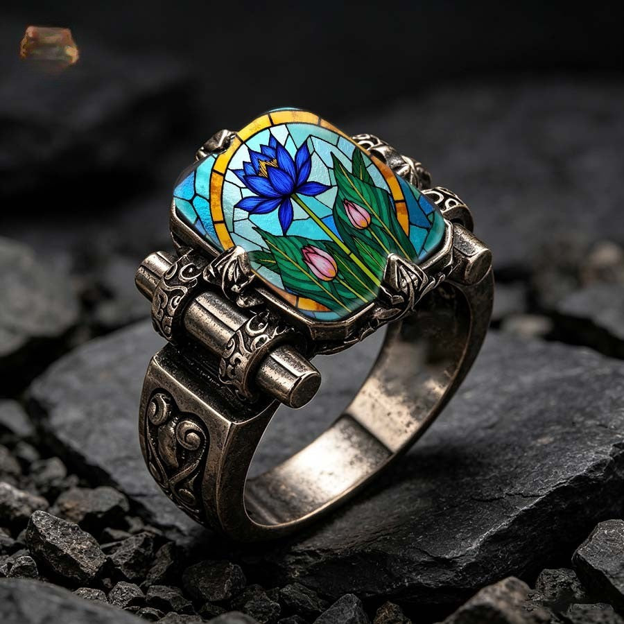 Blue Lotus Stained Glass Rectangular Ring