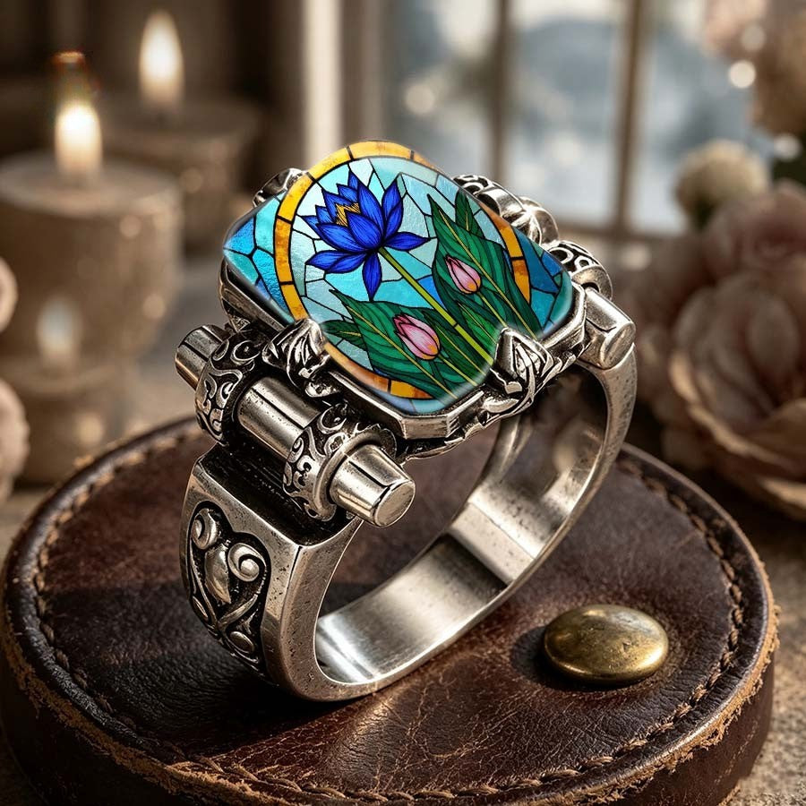 Blue Lotus Stained Glass Rectangular Ring