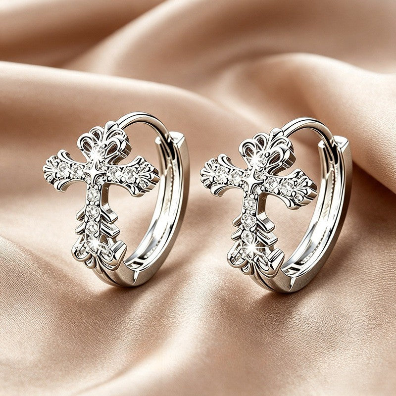 Ornate Moissanite Cross Hoop Earrings