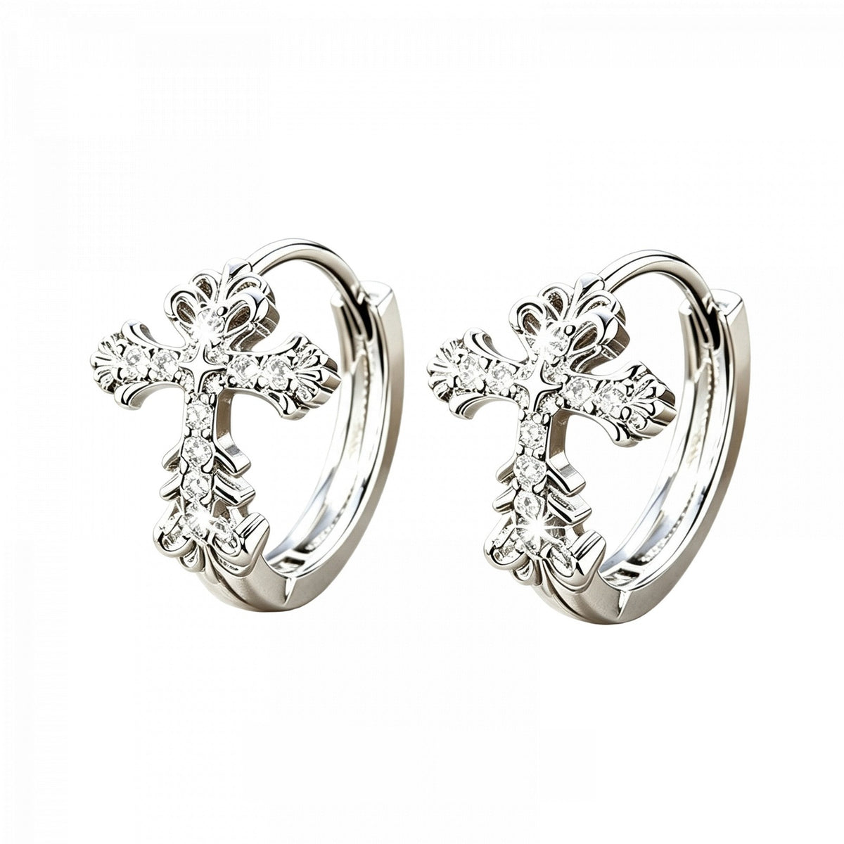 Ornate Moissanite Cross Hoop Earrings