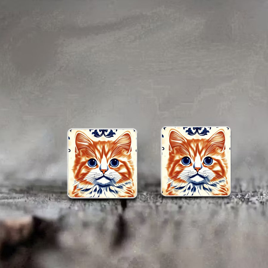 Orange Cat Square Stud Earrings