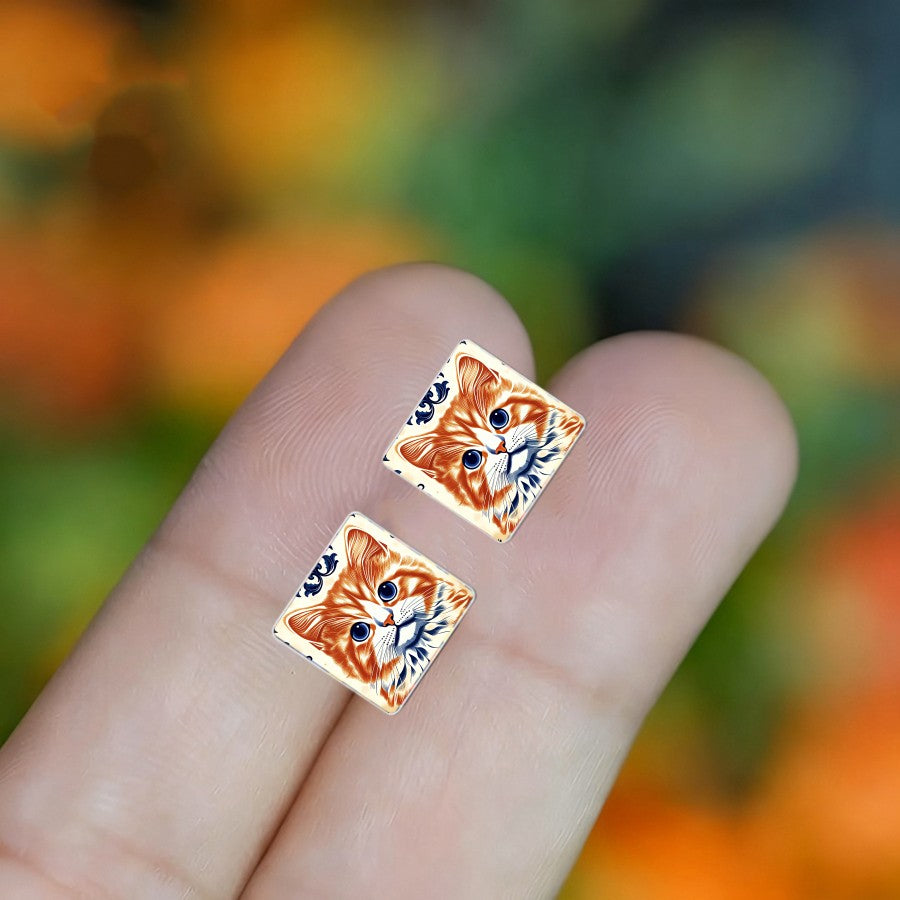 Orange Cat Square Stud Earrings
