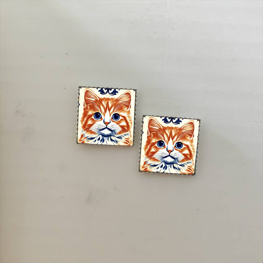 Orange Cat Square Stud Earrings