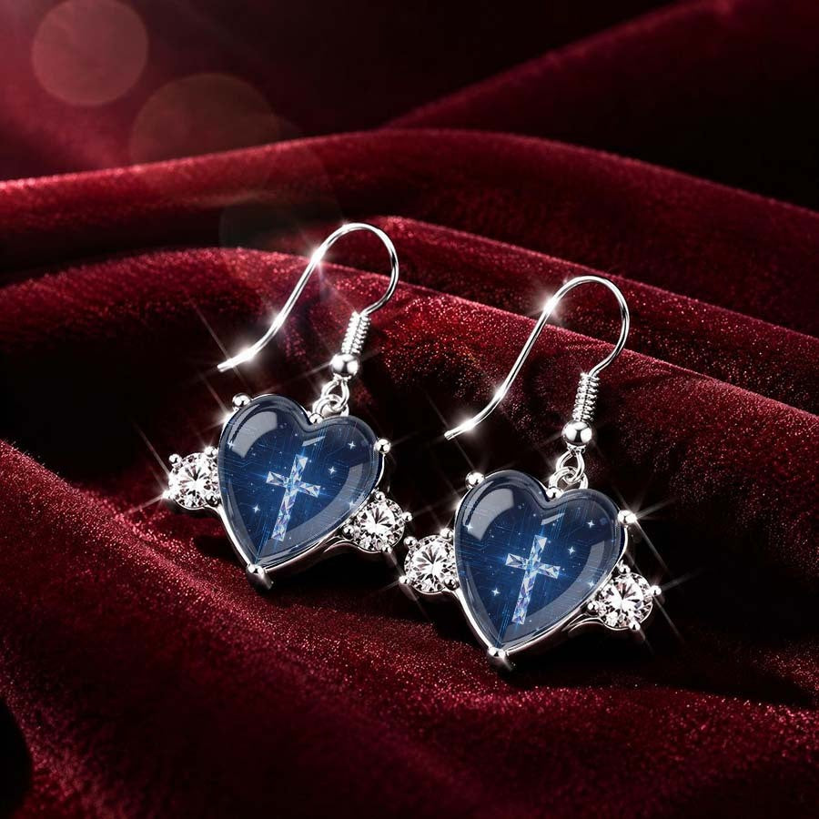 Blue Starry Night Cross Heart Earrings
