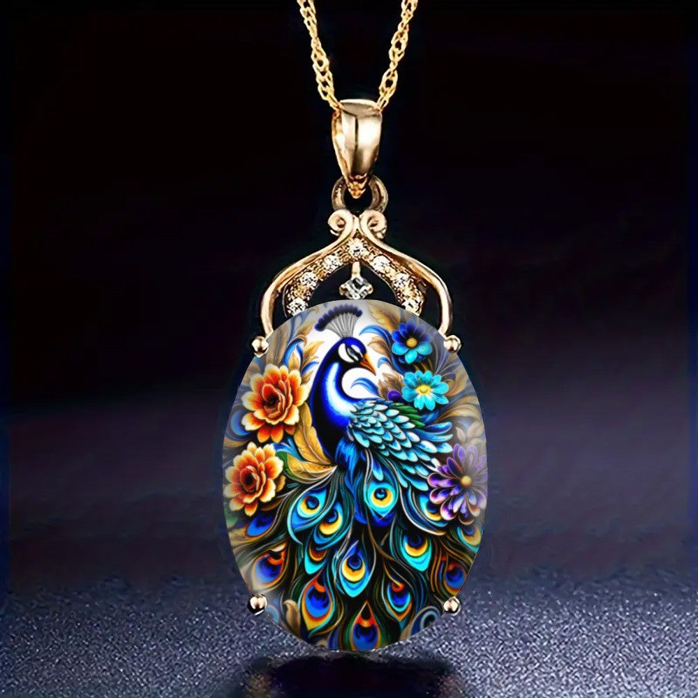 Vibrant Peacock Oval Pendant Necklace