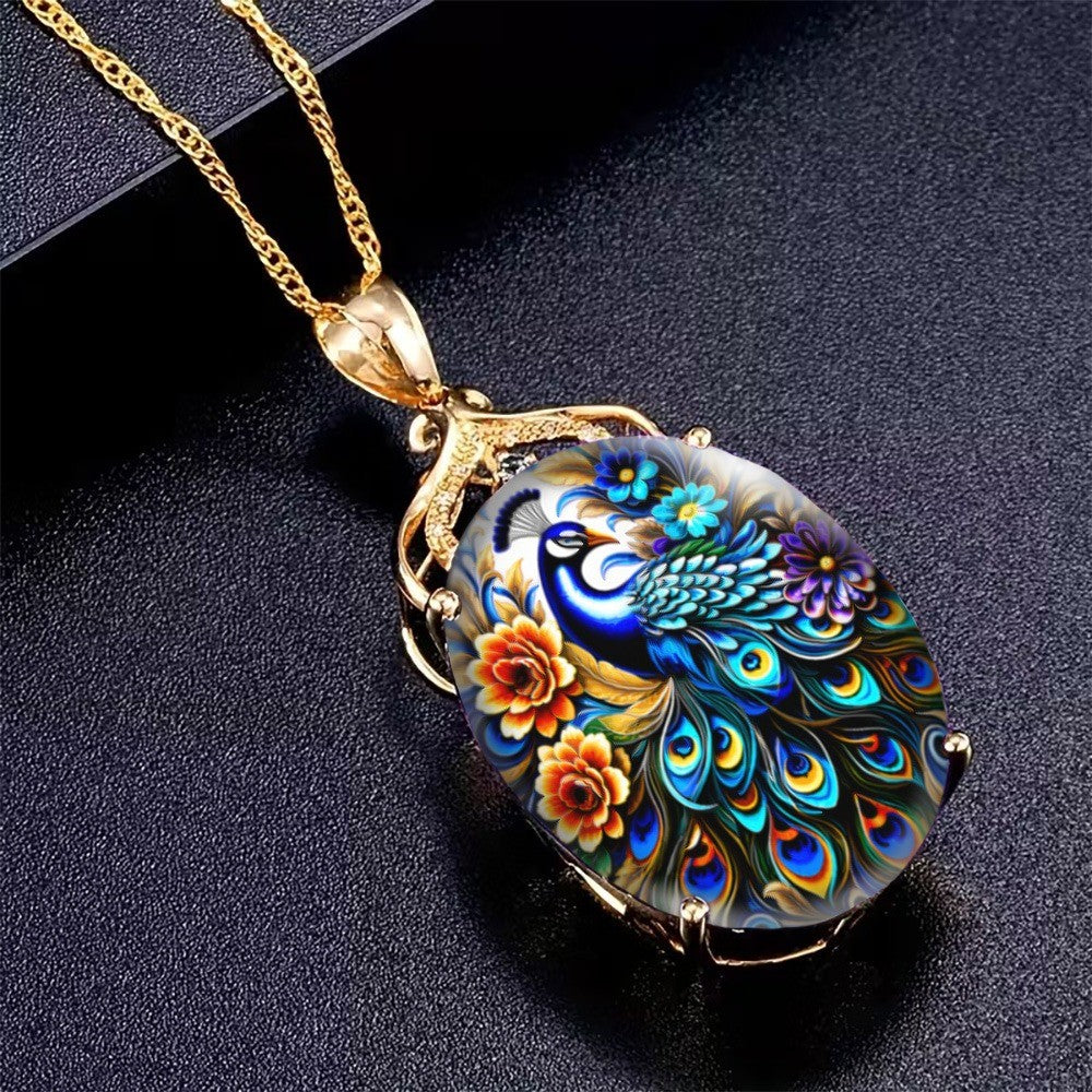 Vibrant Peacock Oval Pendant Necklace