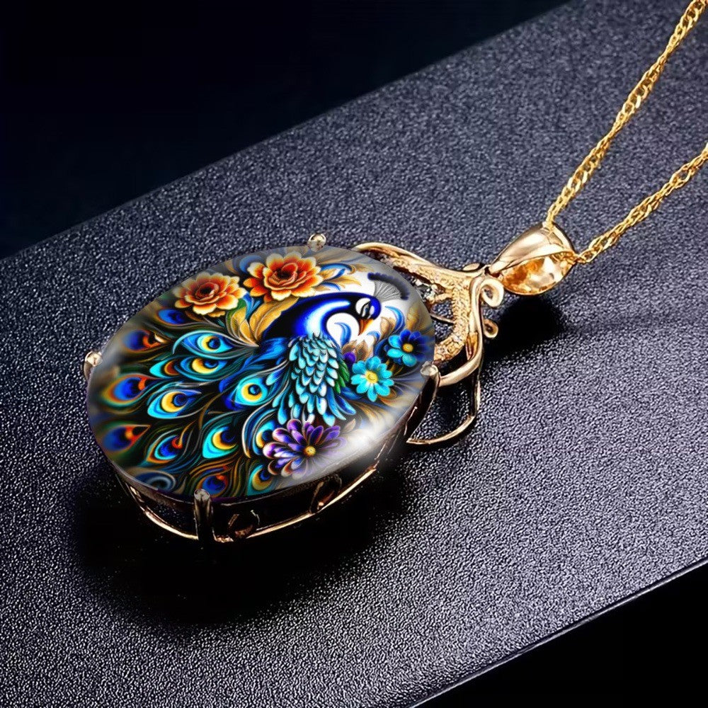 Vibrant Peacock Oval Pendant Necklace