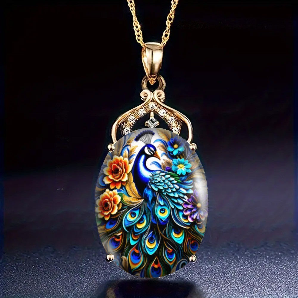 Vibrant Peacock Oval Pendant Necklace
