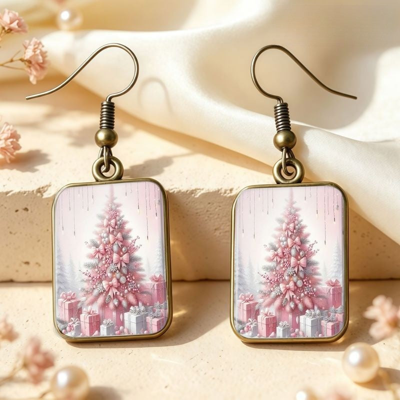 Pink Bow Tree Rectangular Earrings