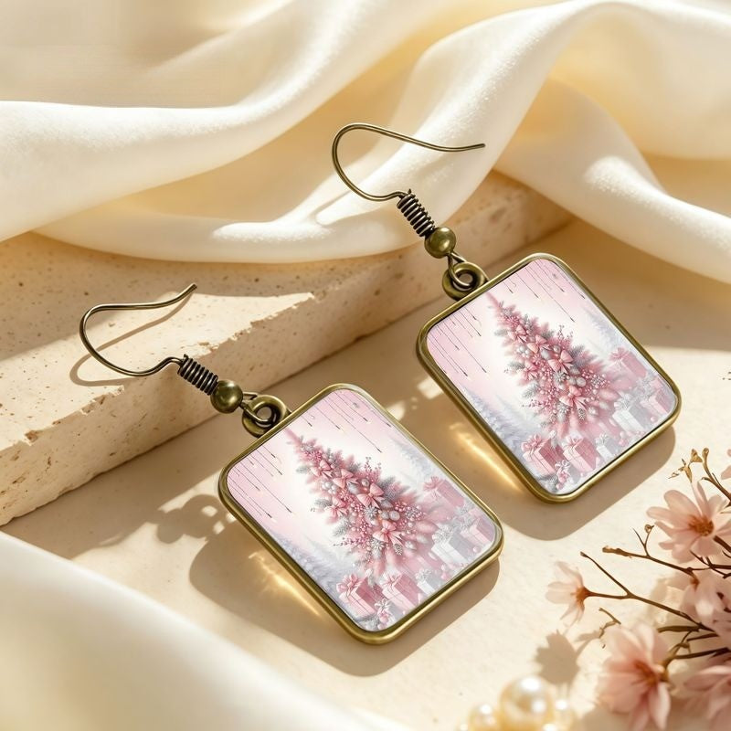 Pink Bow Tree Rectangular Earrings