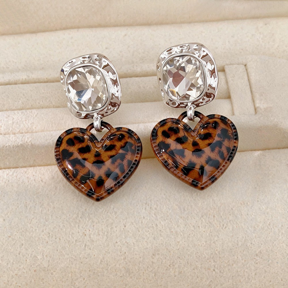 Square Crystal Leopard Heart Earrings