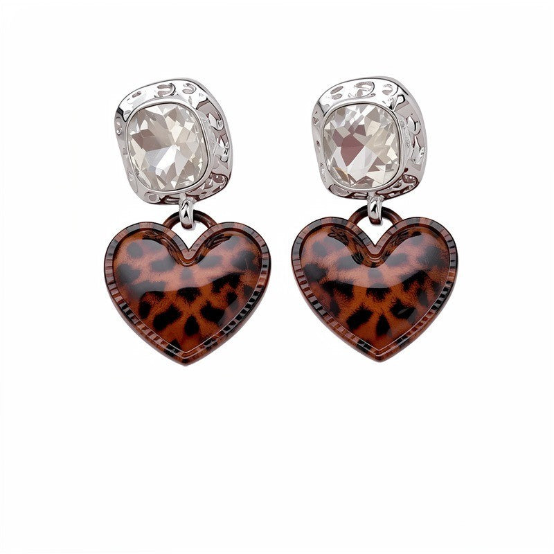 Square Crystal Leopard Heart Earrings