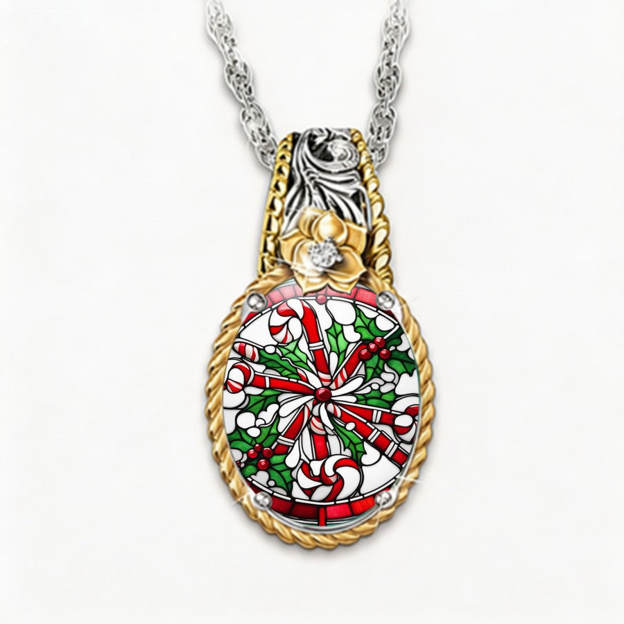 Candy Cane Holly Pendant Necklace