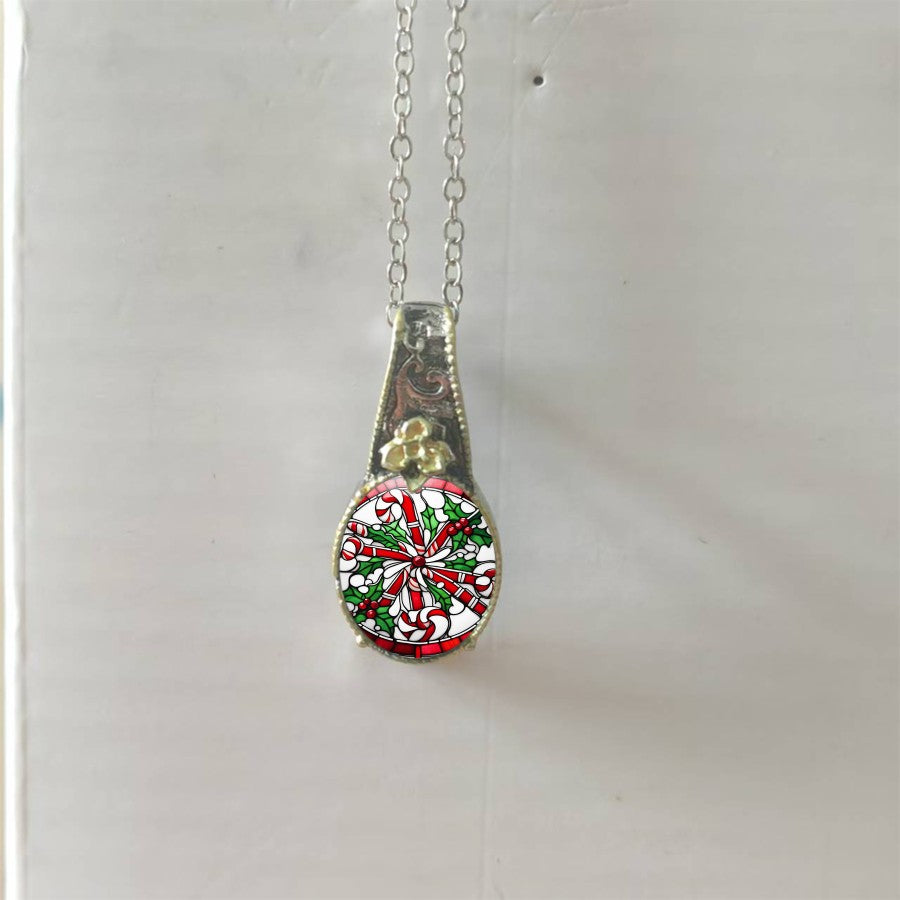 Candy Cane Holly Pendant Necklace