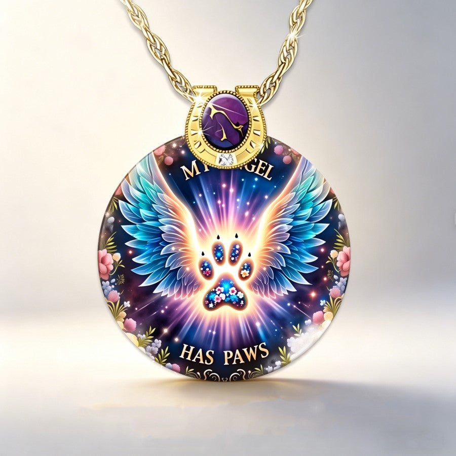 Winged Paw Print Glass Pendant Necklace